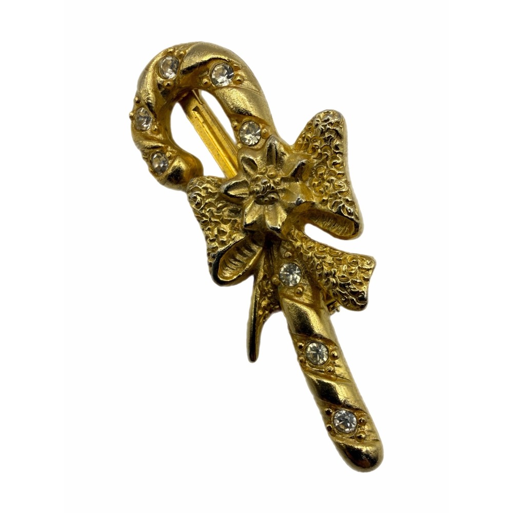 Vintage Gold Tone Candy Cane Brooch Rhinestone Bow Christmas Holiday Pin